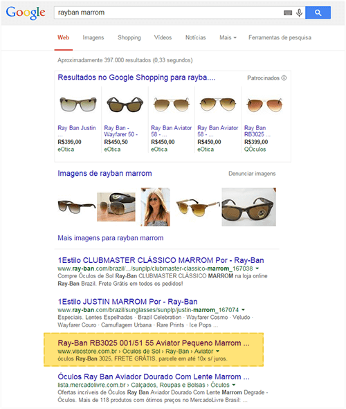 Google SERP para rayban marrom